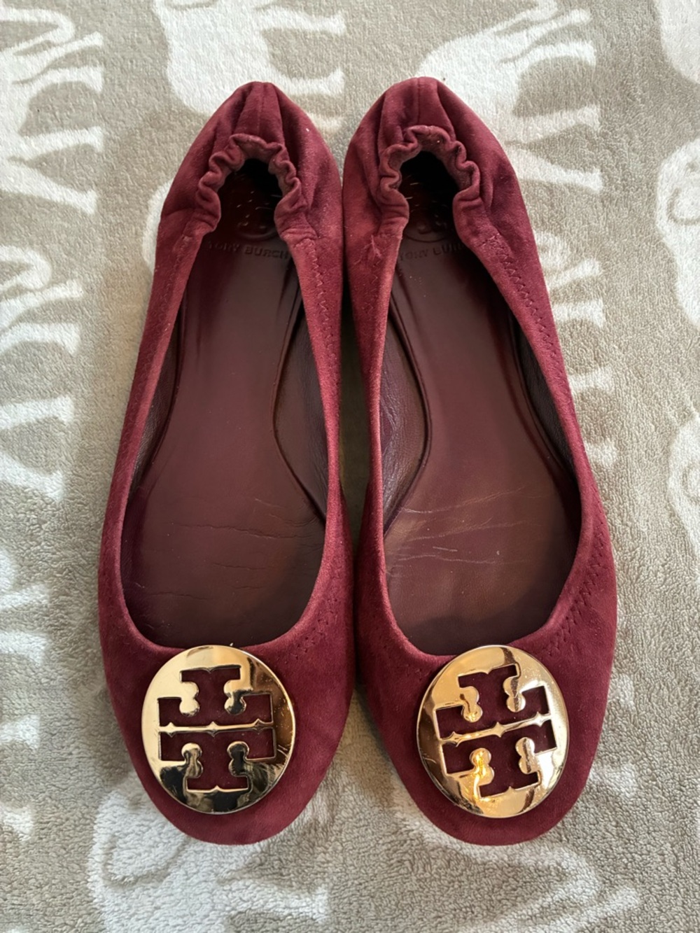 Tory Burch Wine Suede Ballet Flats with Gold Logo Medallion